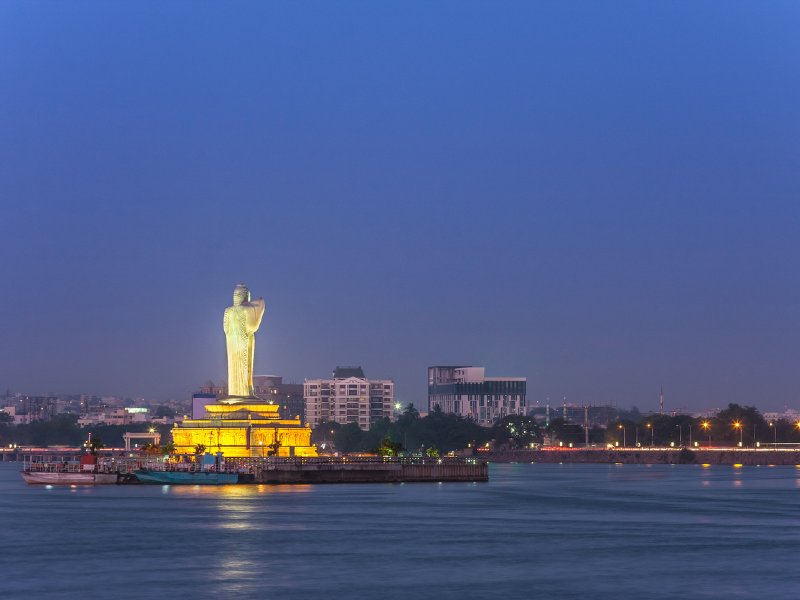 monolithic statue of the Gautam Buddha in the middle of the lake Hussain Sagar, Hyderabad, India